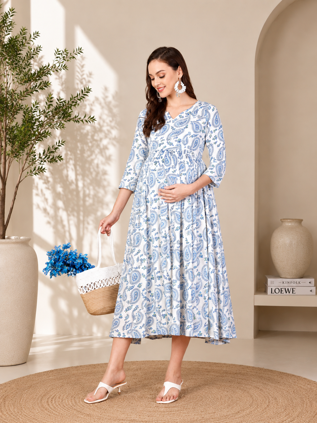 Premium White & Blue Paisley Print Maternity Gown with Feeding Access