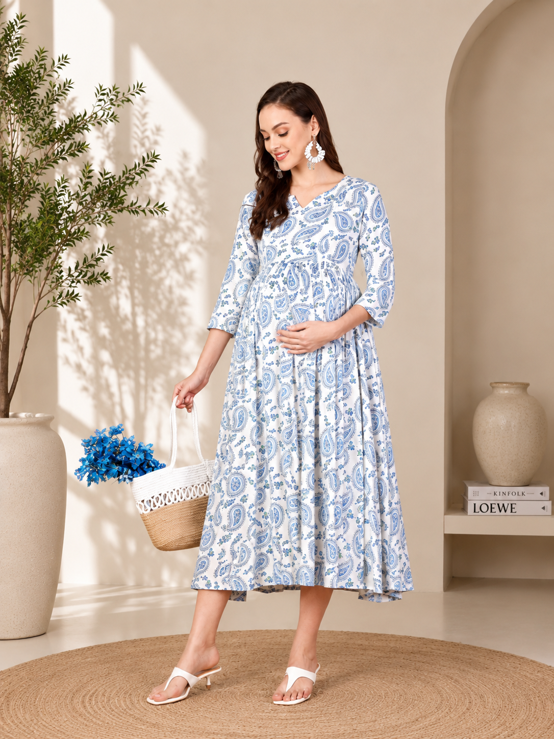 Premium White & Blue Paisley Print Maternity Gown with Feeding Access