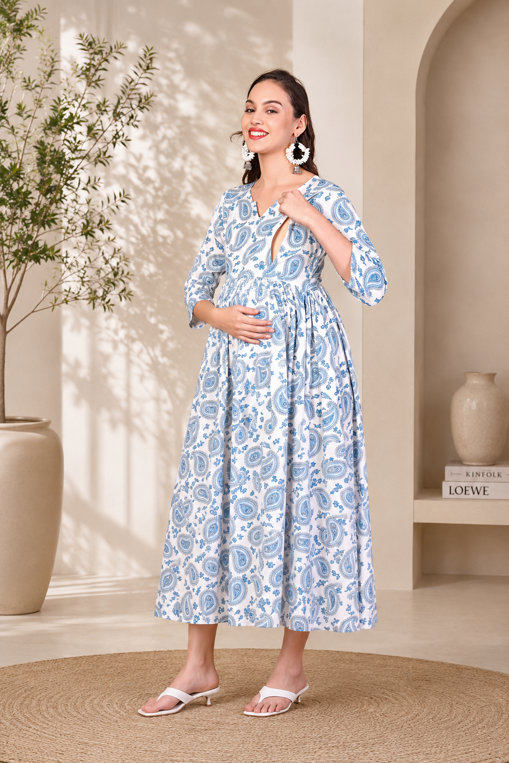 Premium White & Blue Paisley Print Maternity Gown with Feeding Access
