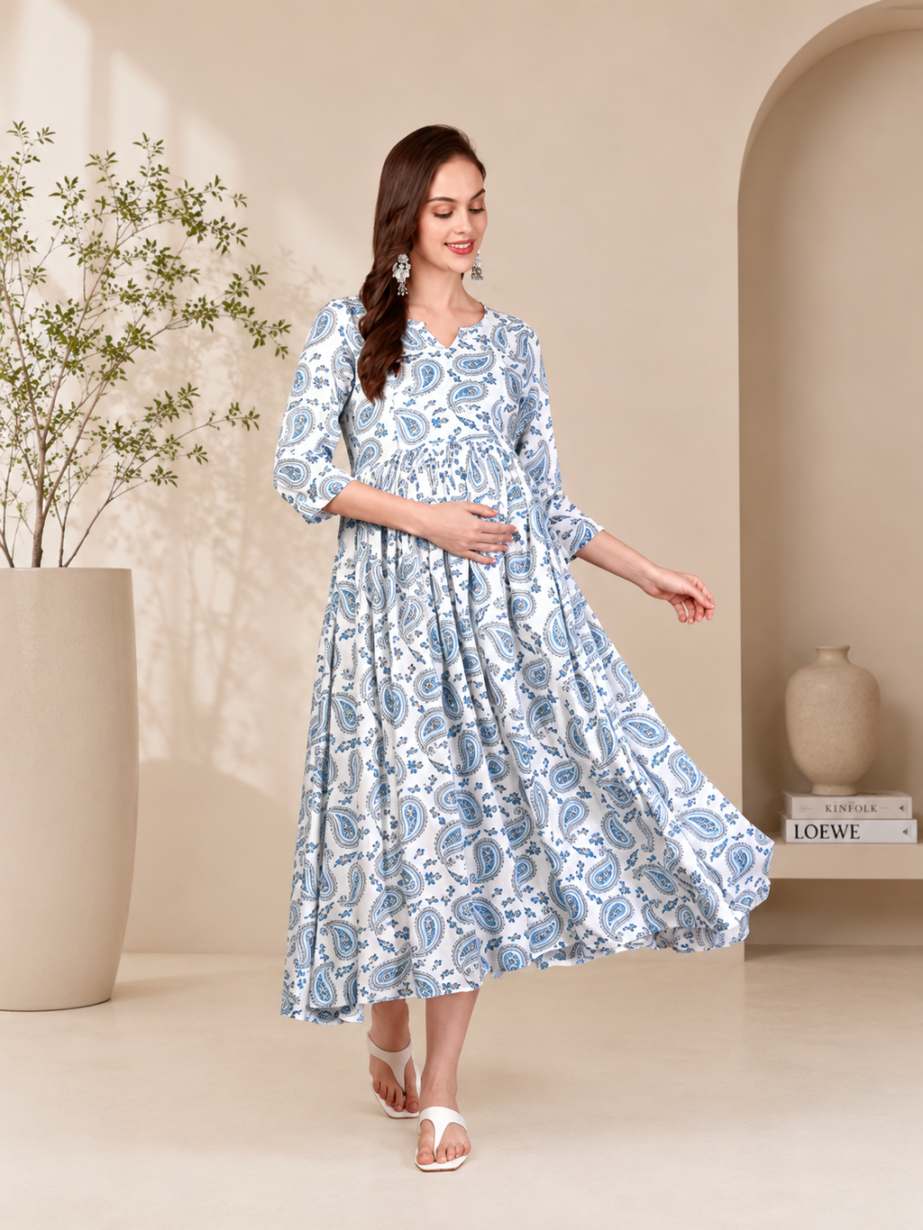 Premium White & Blue Paisley Print Maternity Gown with Feeding Access